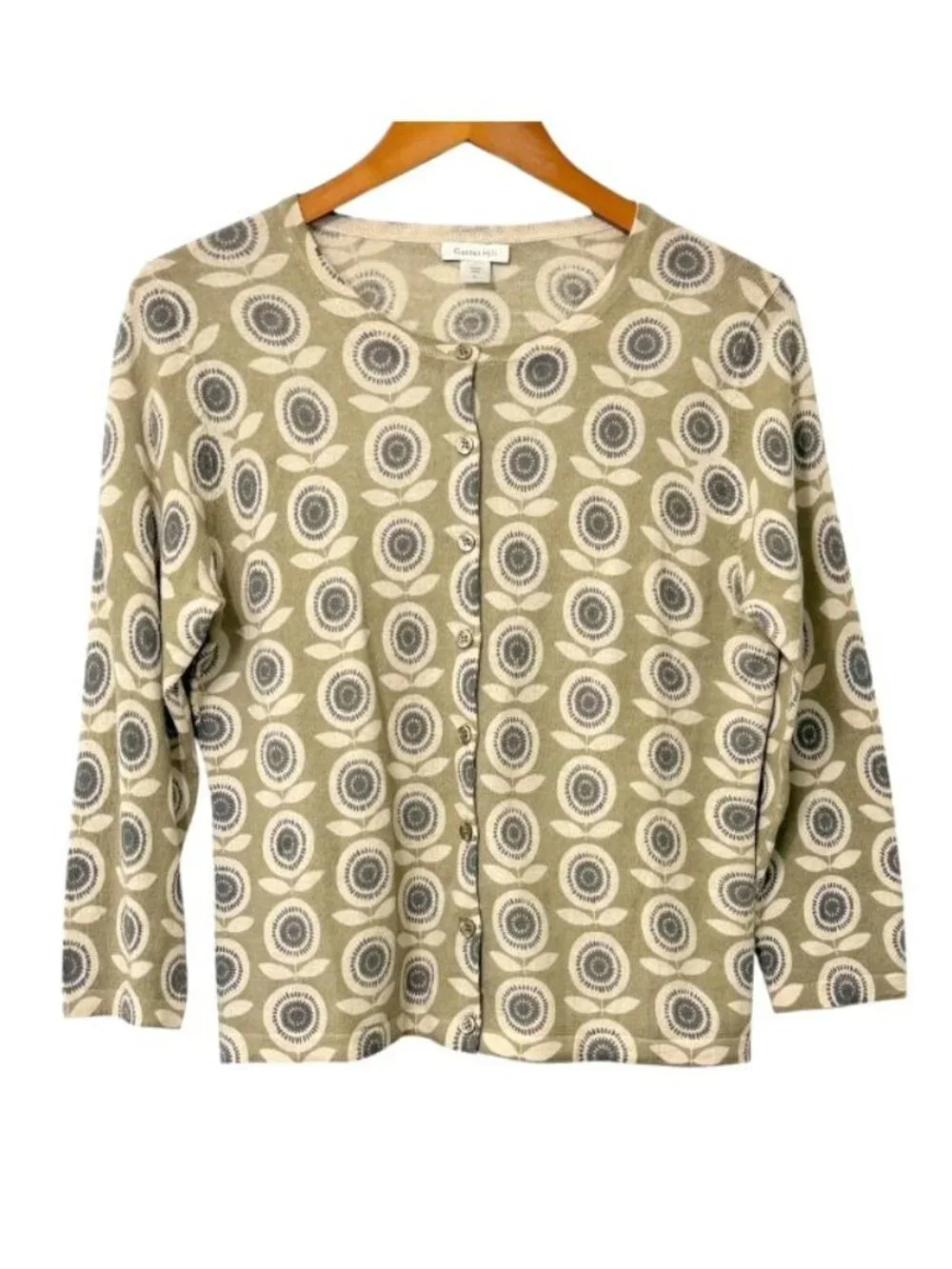 Garnet Hill Women's 100% Merino Wool Cardigan Sweater Sage Gray Floral Size L